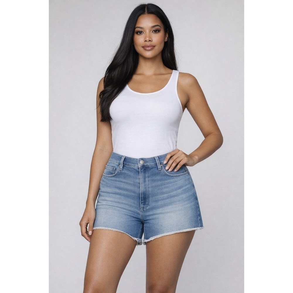 NWT Good American Good‎ Raw Hem High Rise Denim Blue Jean Shorts SZ 15 RTL $119